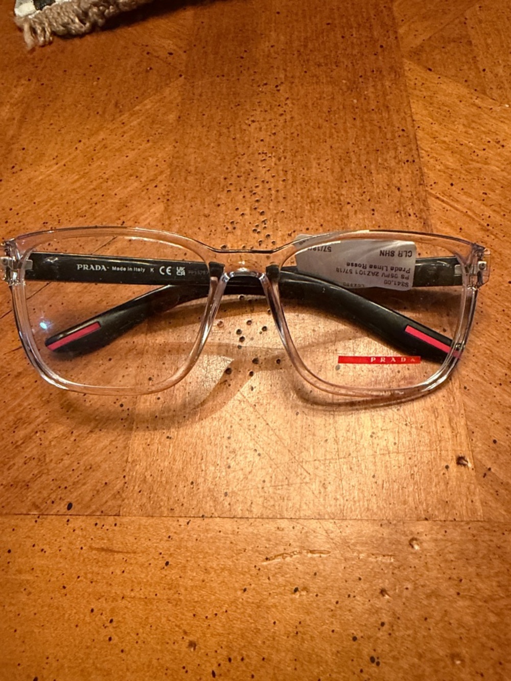 Prada Transparent Square Frames with Black Temples and Pink Accents